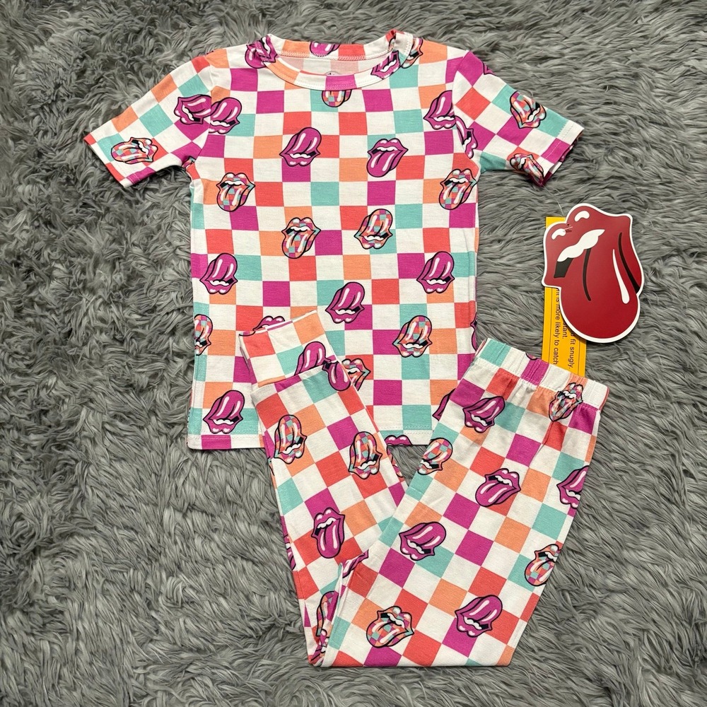 The Rolling Stones Bamboo Pajama Set Checkered Toddler Girl 4T NEW Colorful